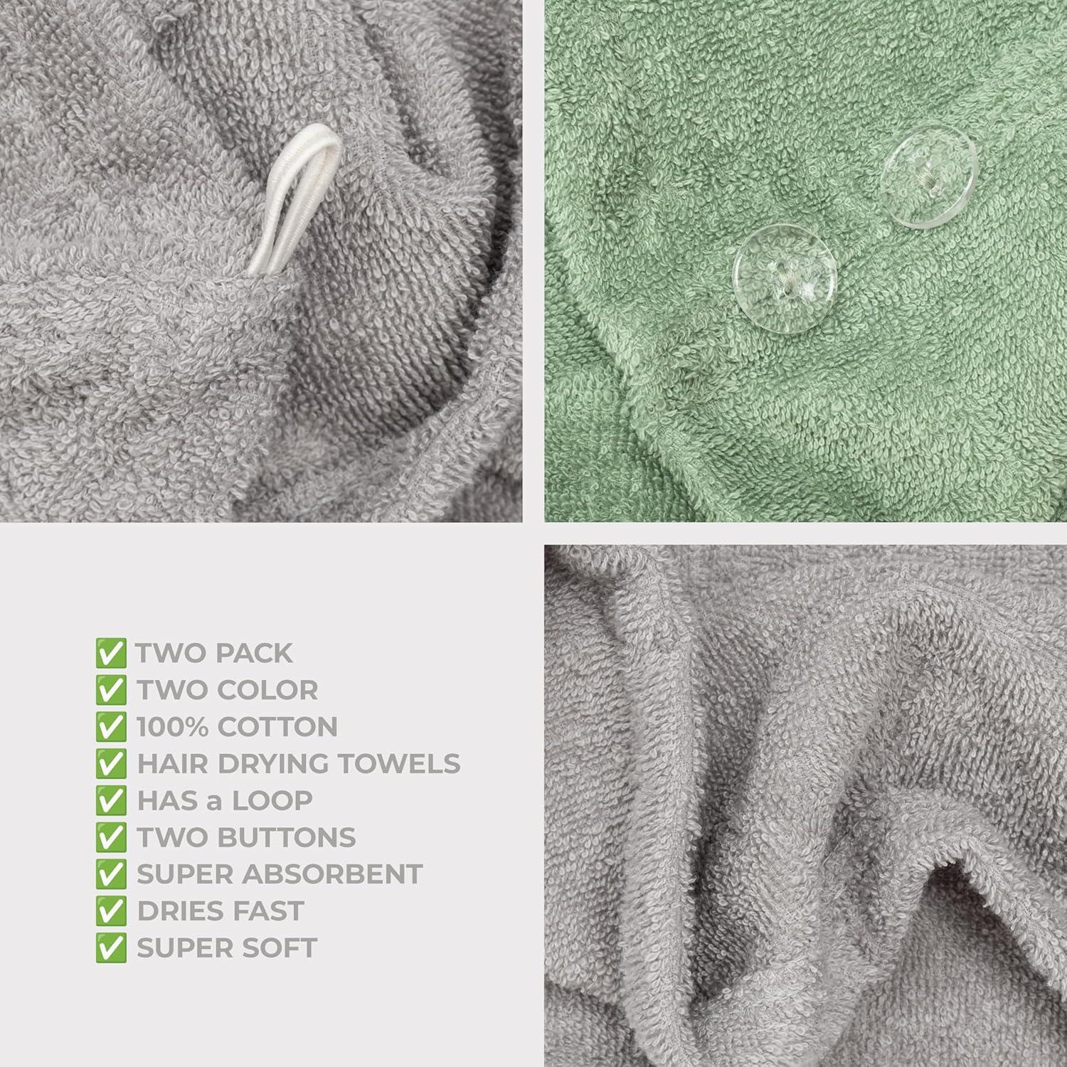 imageAmerican Soft Linen 100 Cotton Hair Towels for Women Head Towel Cap Cotton Hair Turban Towel Wrap for Long Curly Anti Frizz Hair Soft and Absorbent Cotton Hair Towels 2 Pack WhiteLight Grey Sage