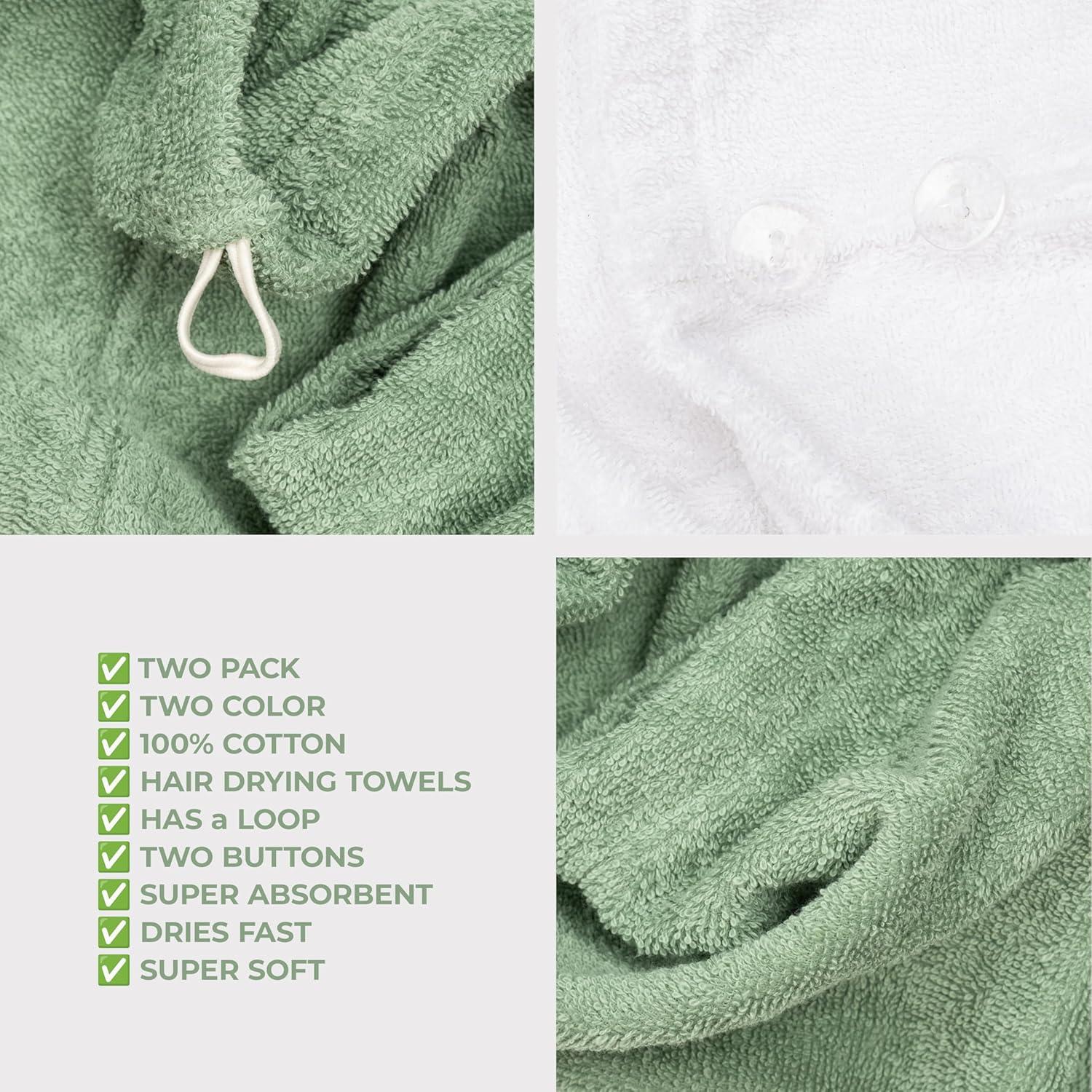imageAmerican Soft Linen 100 Cotton Hair Towels for Women Head Towel Cap Cotton Hair Turban Towel Wrap for Long Curly Anti Frizz Hair Soft and Absorbent Cotton Hair Towels 2 Pack Light GrayWhite Sage