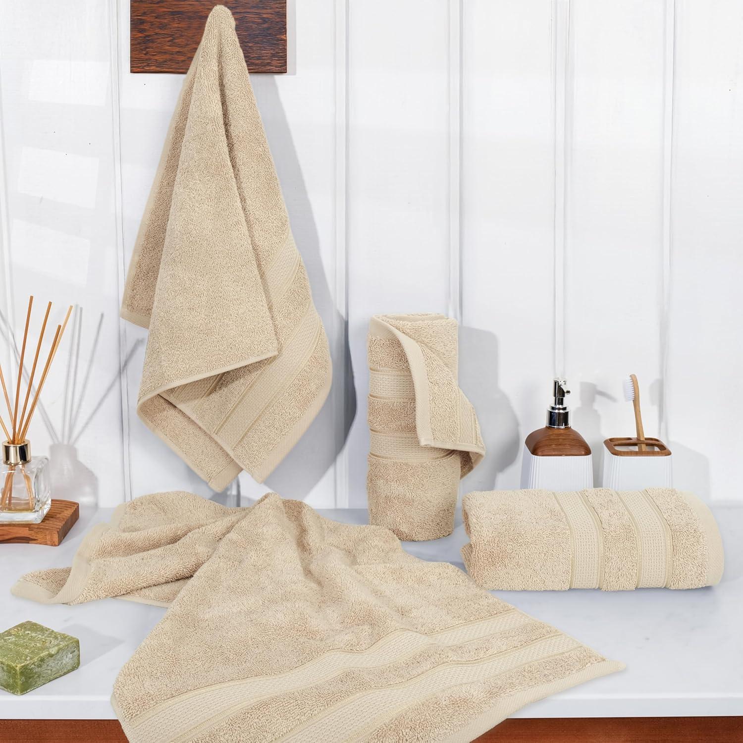 imageAmerican Soft Linen Salem Turkish Bath Towel Set 100 Cotton 600 GSM 6 Piece Towels for Bathroom 2 Bath Towels 2 Hand Towels 2 Washcloths WhiteBeige