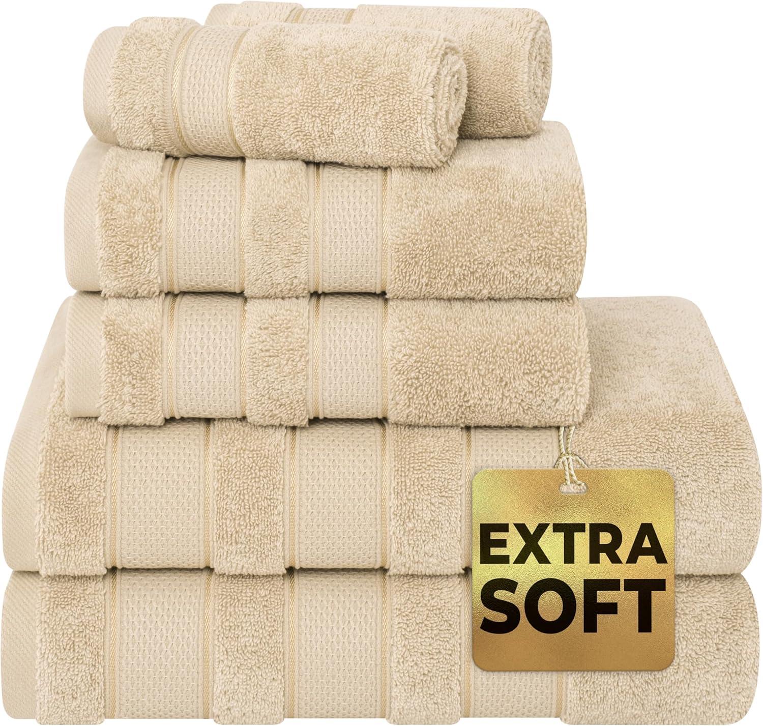 imageAmerican Soft Linen Salem Turkish Bath Towel Set 100 Cotton 600 GSM 6 Piece Towels for Bathroom 2 Bath Towels 2 Hand Towels 2 Washcloths WhiteBeige