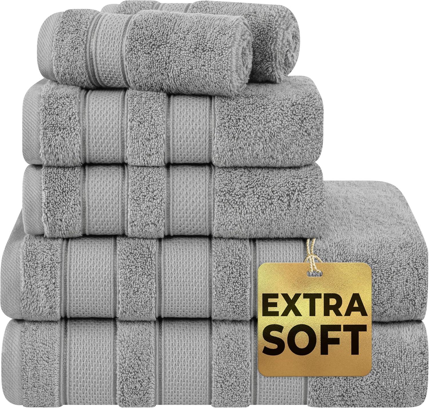 imageAmerican Soft Linen Salem Turkish Bath Towel Set 100 Cotton 600 GSM 6 Piece Towels for Bathroom 2 Bath Towels 2 Hand Towels 2 Washcloths WhiteCool Grey