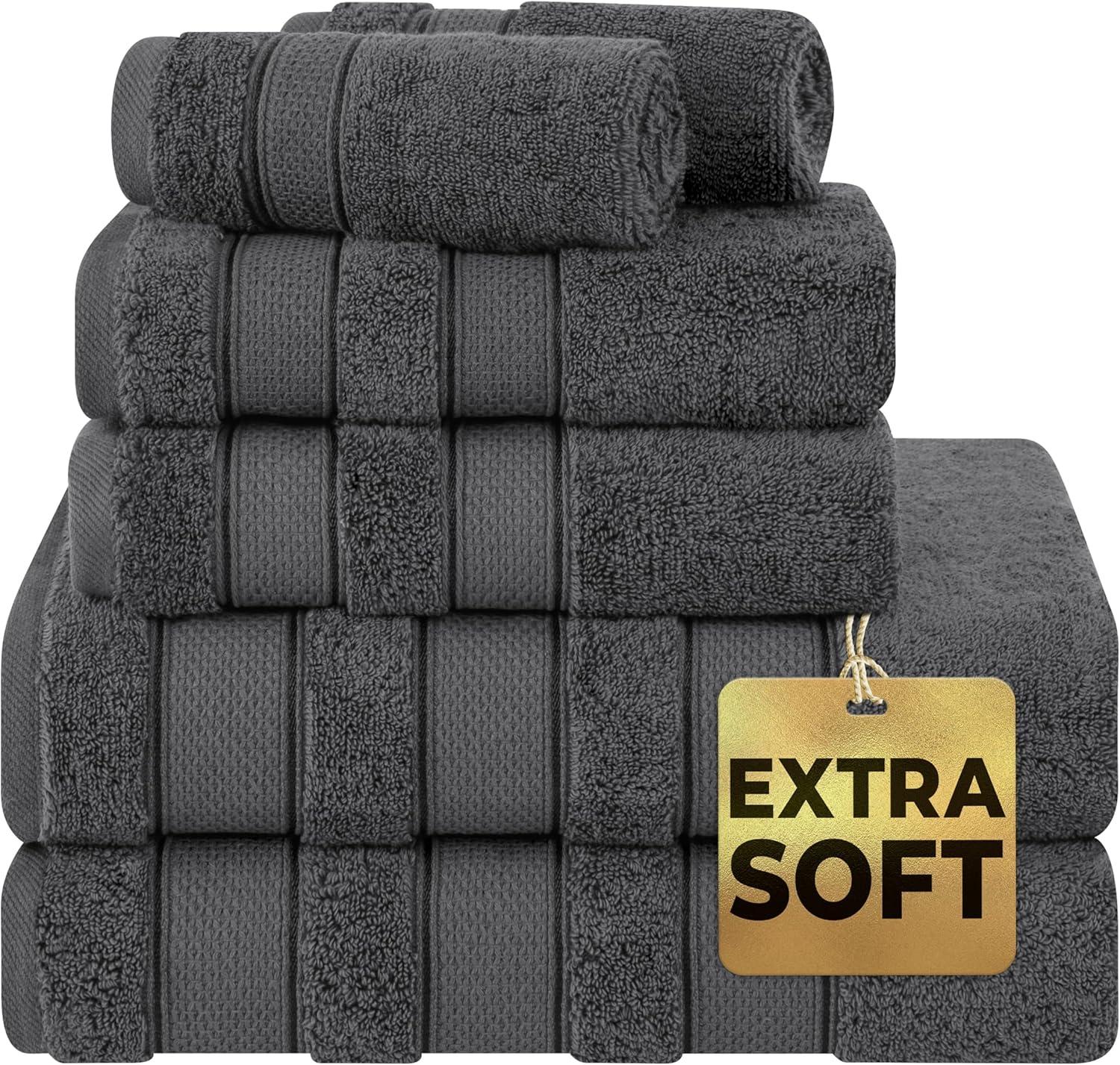 imageAmerican Soft Linen Salem Turkish Bath Towel Set 100 Cotton 600 GSM 6 Piece Towels for Bathroom 2 Bath Towels 2 Hand Towels 2 Washcloths WhiteDark Gray