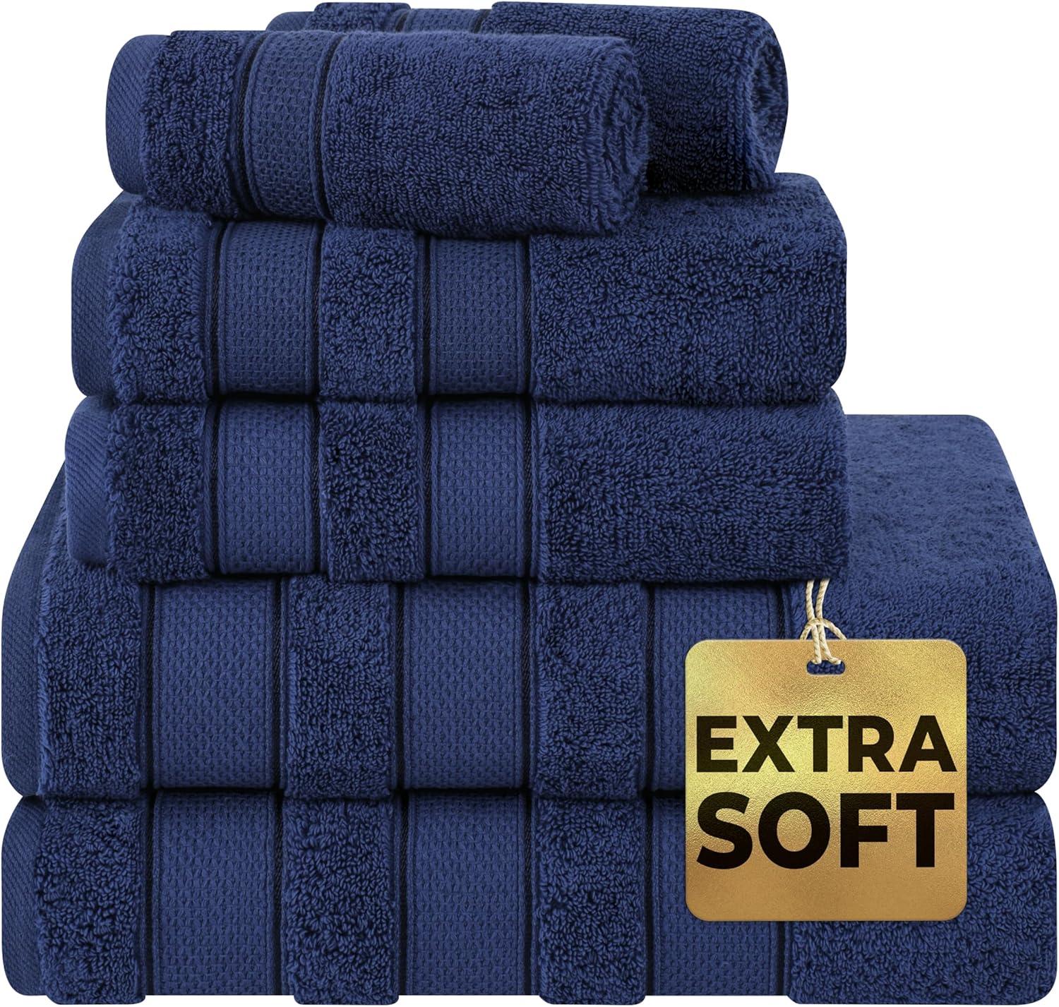 imageAmerican Soft Linen Salem Turkish Bath Towel Set 100 Cotton 600 GSM 6 Piece Towels for Bathroom 2 Bath Towels 2 Hand Towels 2 Washcloths WhiteNavy Blue