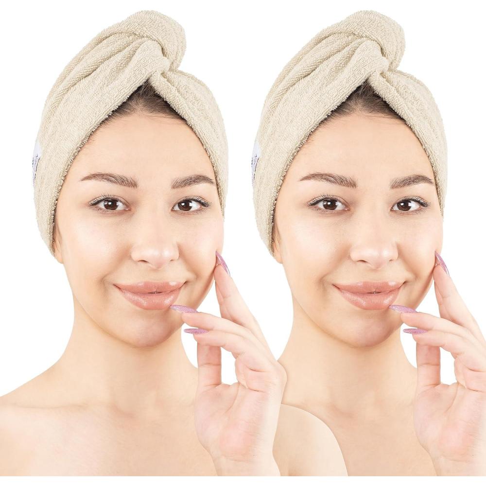 imageAmerican Soft Linen 100 Cotton Hair Towels for Women Head Towel Cap Cotton Hair Turban Towel Wrap for Long Curly Anti Frizz Hair Soft and Absorbent Cotton Hair Towels 2 Pack WhiteBeige