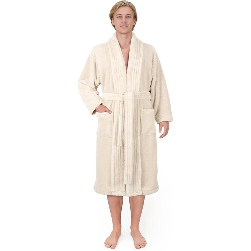 imageAmerican Soft Linen Luxury Mens Fleece Bathrobe Soft Warm Lightweight Plush Robe for Men Cozy Absorbent Spa Hotel QualityBeige