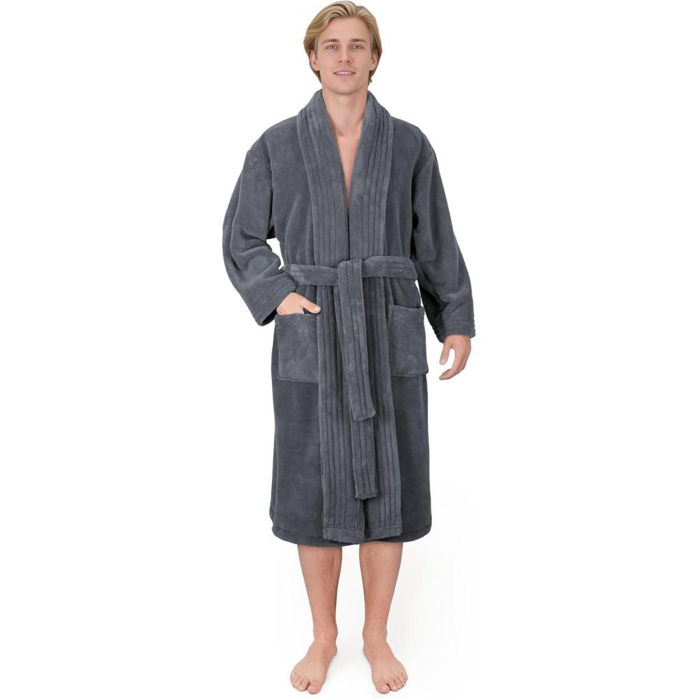 imageAmerican Soft Linen Luxury Mens Fleece Bathrobe Soft Warm Lightweight Plush Robe for Men Cozy Absorbent Spa Hotel QualityDark Gray