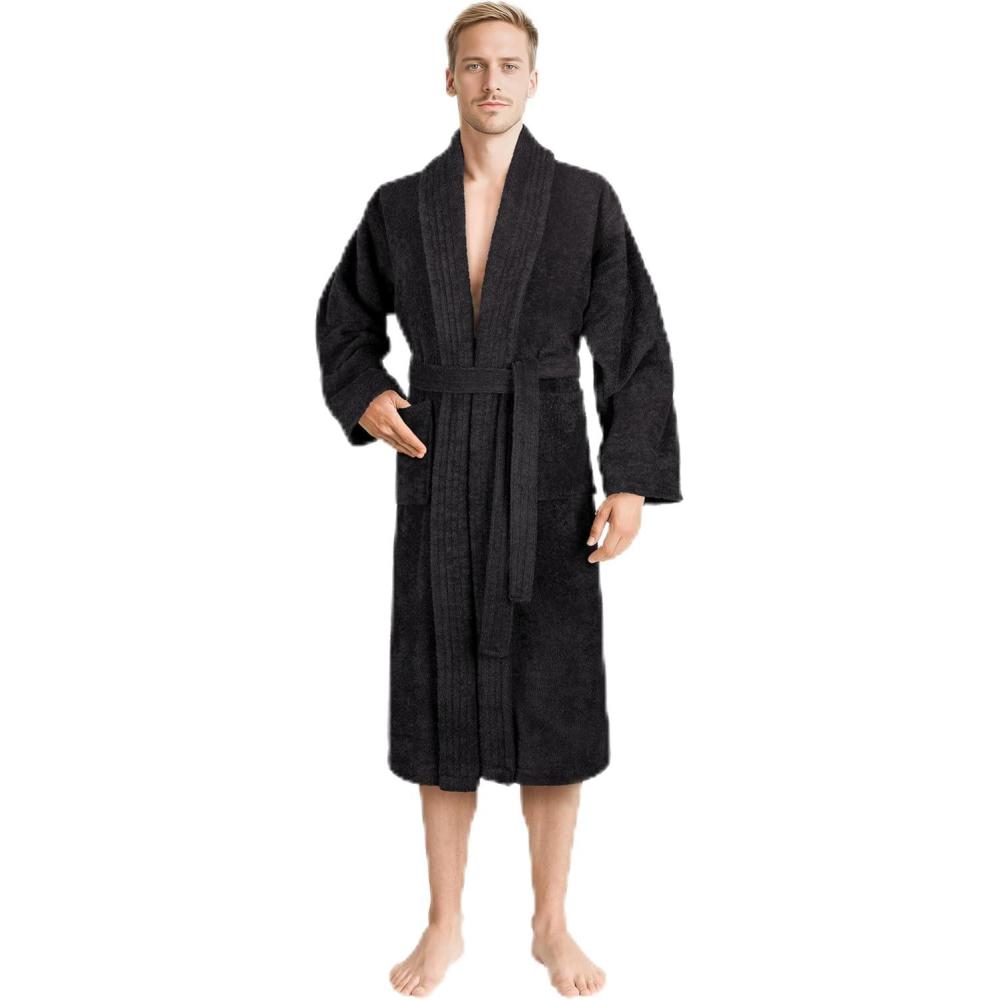 imageAmerican Soft Linen Mens 100 Cotton Terry Bathrobe Soft Absorbent Quick Dry Turkish Robe for MenBlack