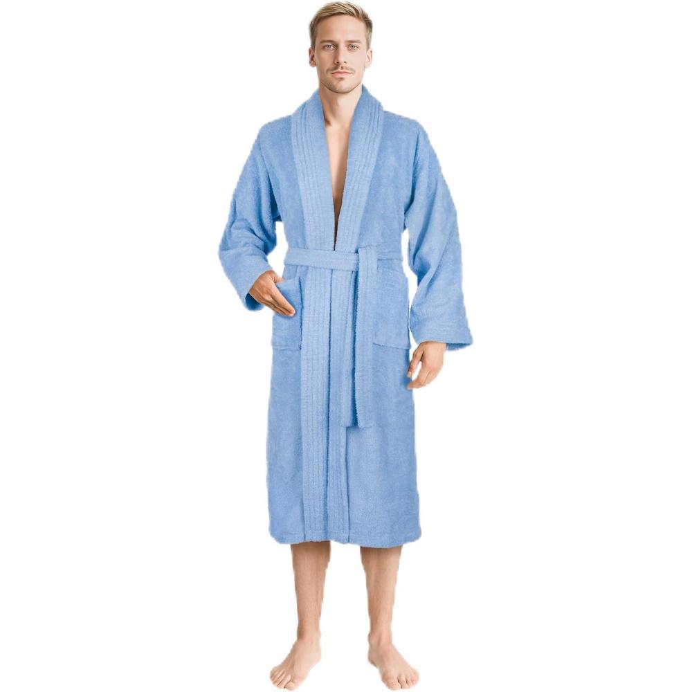 imageAmerican Soft Linen Mens 100 Cotton Terry Bathrobe Soft Absorbent Quick Dry Turkish Robe for MenLight Blue