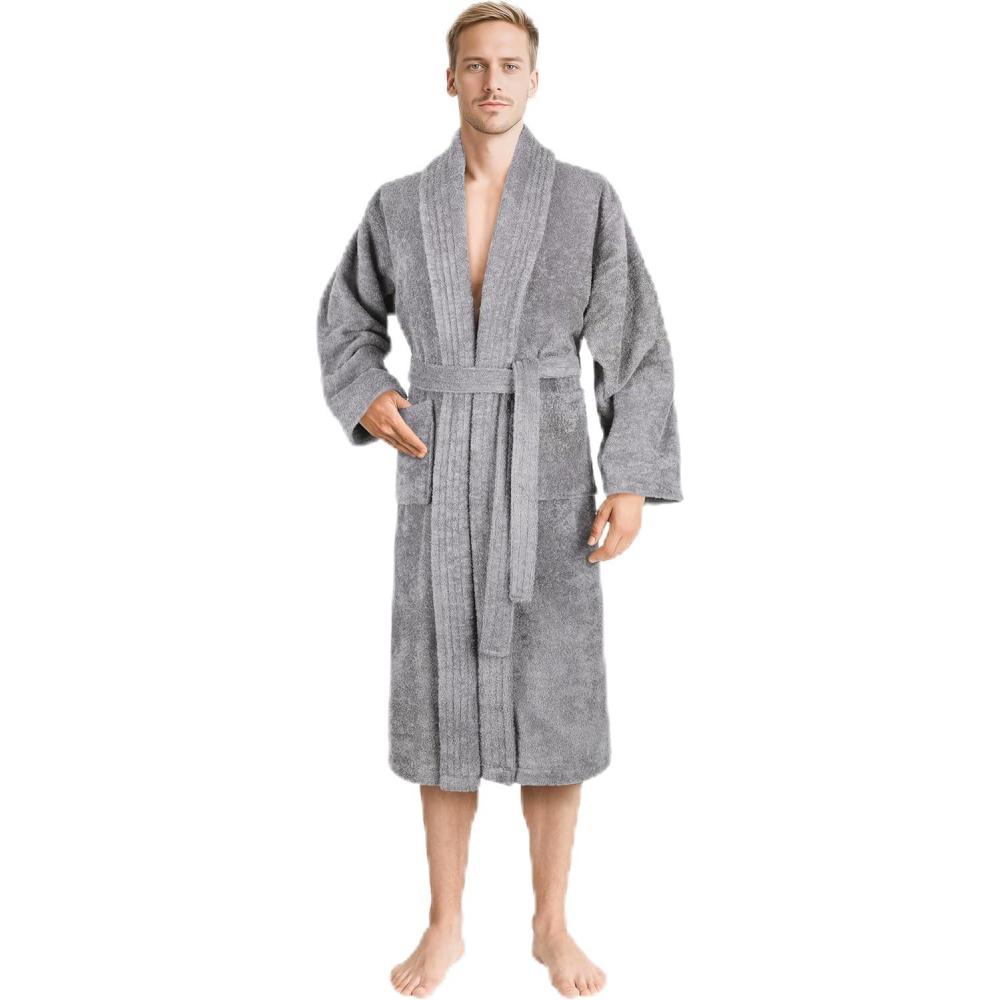 imageAmerican Soft Linen Mens 100 Cotton Terry Bathrobe Soft Absorbent Quick Dry Turkish Robe for MenLight Grey