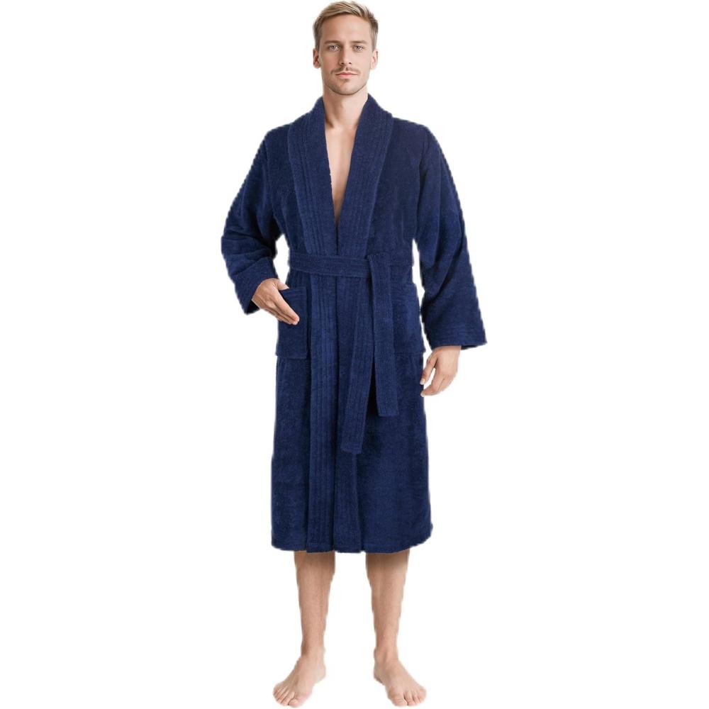 imageAmerican Soft Linen Mens 100 Cotton Terry Bathrobe Soft Absorbent Quick Dry Turkish Robe for MenNavy Blue