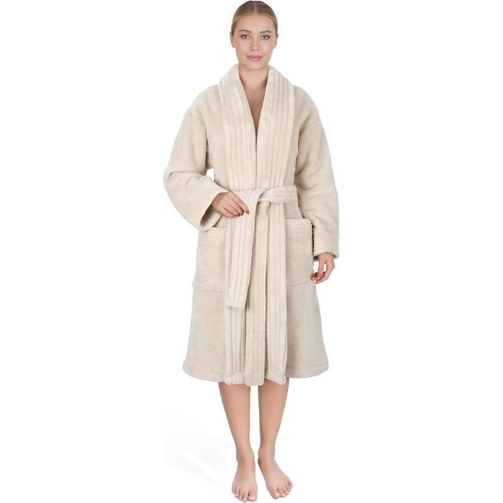 imageAmerican Soft Linen Womens Fleece Bathrobe Luxury Soft Plush Robe for Women Cozy Spa Quality Adult Bathroom Lounge RobeBeige