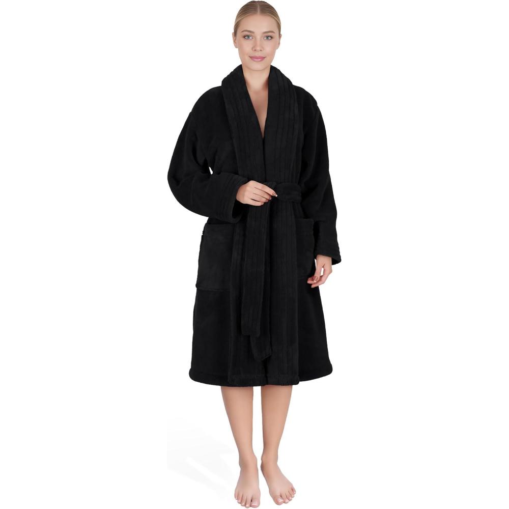 imageAmerican Soft Linen Womens Fleece Bathrobe Luxury Soft Plush Robe for Women Cozy Spa Quality Adult Bathroom Lounge RobeBlack