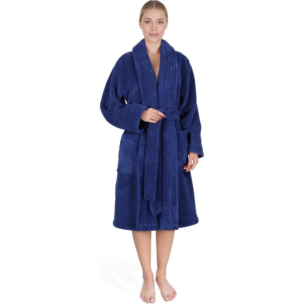 imageAmerican Soft Linen Womens Fleece Bathrobe Luxury Soft Plush Robe for Women Cozy Spa Quality Adult Bathroom Lounge RobeNavy Blue