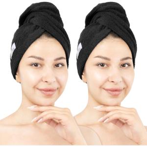 American Soft Linen 100% Cotton Hair Towels for Women, Head Towel Cap, Cotton Hair Turban Towel Wrap for Long Curly Anti Frizz Hair, Soft and Absorbent Cotton Hair Towels 2 Pack, White(Black)