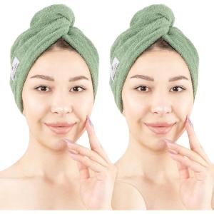 American Soft Linen 100% Cotton Hair Towels for Women, Head Towel Cap, Cotton Hair Turban Towel Wrap for Long Curly Anti Frizz Hair, Soft and Absorbent Cotton Hair Towels 2 Pack, White(Sage)