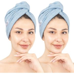 American Soft Linen 100% Cotton Hair Towels for Women, Head Towel Cap, Cotton Hair Turban Towel Wrap for Long Curly Anti Frizz Hair, Soft and Absorbent Cotton Hair Towels 2 Pack, White(Sky Blue)