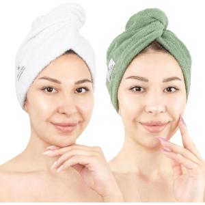 American Soft Linen 100% Cotton Hair Towels for Women, Head Towel Cap, Cotton Hair Turban Towel Wrap for Long Curly Anti Frizz Hair, Soft and Absorbent Cotton Hair Towels 2 Pack, Light Gray(White – Sage)