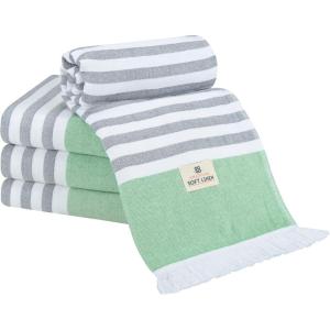 American Soft Linen 100% Cotton Turkish Peshtemal Beach Towels, 35″x60″ Size 4 Pack Swim Towels for Beach and Pool Towels, Rose(Light Green)