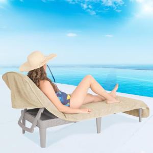American Soft Linen Chaise Lounge Covers with Pocket, 86″x32″ Oversized Beach Pool Lounge Chair Towel, Beige(Beige Chair Towel)