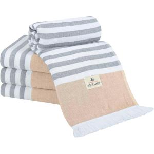 American Soft Linen Turkish Peshtemal Beach Towels, 40″ x 70″ Size 4 Pack Swim Towels for Beach and Pool Towels, Blue Stripe(Brown)