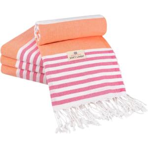 American Soft Linen Turkish Peshtemal Beach Towels, 40″ x 70″ Size 4 Pack Swim Towels for Beach and Pool Towels, Blue Stripe(Pink)