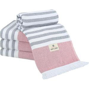 American Soft Linen Turkish Peshtemal Beach Towels, 40″ x 70″ Size 4 Pack Swim Towels for Beach and Pool Towels, Blue Stripe(Rose)