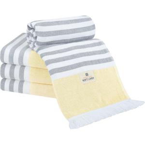 American Soft Linen Turkish Peshtemal Beach Towels, 40″ x 70″ Size 4 Pack Swim Towels for Beach and Pool Towels, Blue Stripe(Sun Yellow)