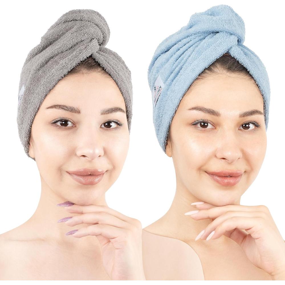imageAmerican Soft Linen 100 Cotton Hair Towels for Women Head Towel Cap Cotton Hair Turban Towel Wrap for Hair Soft and Absorbent Cotton Hair Towels 2 Pack WhiteLight GrayLight Grey  Sky Blue