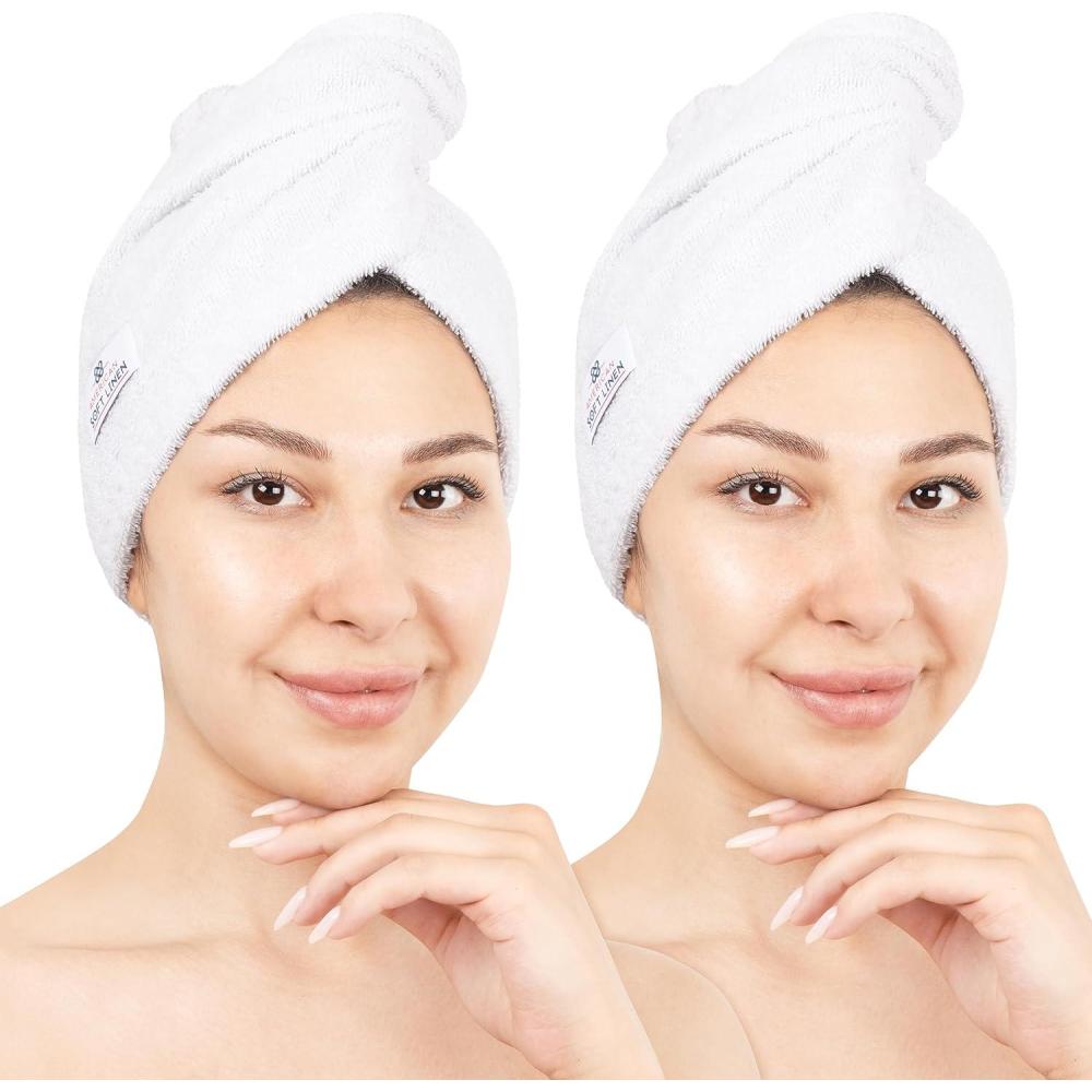imageAmerican Soft Linen 100 Cotton Hair Towels for Women Head Towel Cap Cotton Hair Turban Towel Wrap for Long Curly Anti Frizz Hair Soft and Absorbent Cotton Hair Towels 2 Pack Navy BlueWhite