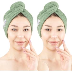 American Soft Linen 100% Cotton Hair Towels for Women, Head Towel Cap, Cotton Hair Turban Towel Wrap for Hair, Soft and Absorbent Cotton Hair Towels 2 Pack, White-Light Gray(Sage)