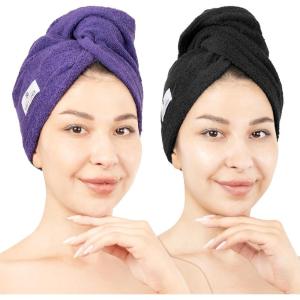 American Soft Linen 100% Cotton Hair Towels for Women, Head Towel Cap, Cotton Hair Turban Towel Wrap for Hair, Soft and Absorbent Cotton Hair Towels 2 Pack, White-Light Gray(Purple – Black)