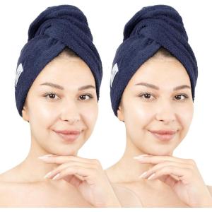 American Soft Linen 100% Cotton Hair Towels for Women, Head Towel Cap, Cotton Hair Turban Towel Wrap for Long Curly Anti Frizz Hair, Soft and Absorbent Cotton Hair Towels 2 Pack, Navy Blue(Navy Blue)