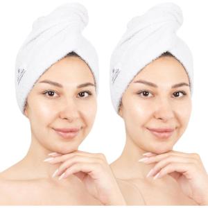 American Soft Linen 100% Cotton Hair Towels for Women, Head Towel Cap, Cotton Hair Turban Towel Wrap for Long Curly Anti Frizz Hair, Soft and Absorbent Cotton Hair Towels 2 Pack, Navy Blue(White)