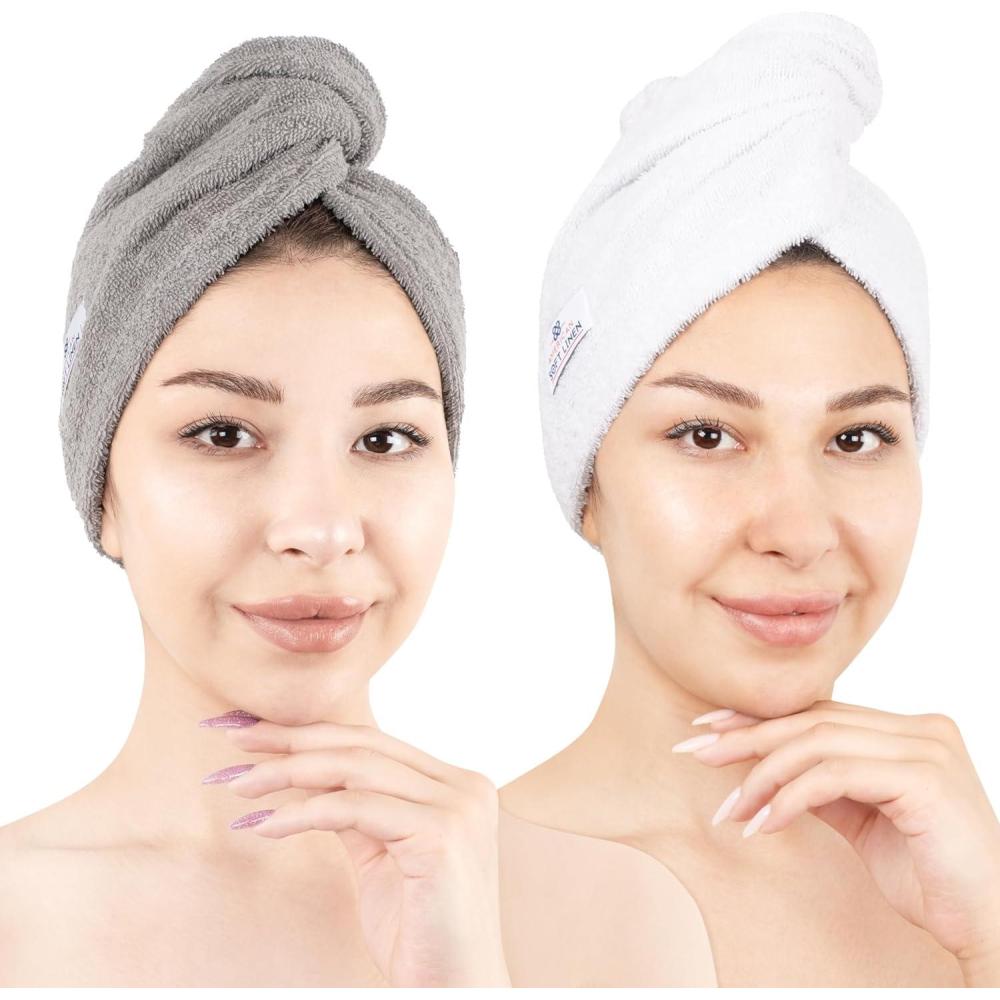 imageAmerican Soft Linen 100 Cotton Head Towel Cap Womens Anti Frizz Hair Wrap Absorbent Cotton Towels 2 Pack Light GreyPinkLight Grey White
