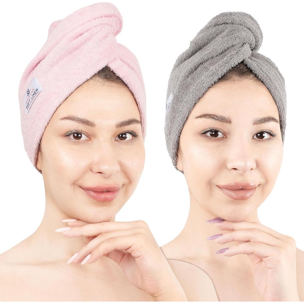 imageAmerican Soft Linen 100 Cotton Head Towel Cap Womens Anti Frizz Hair Wrap Absorbent Cotton Towels 2 Pack Light GreyPinkPink Light Grey