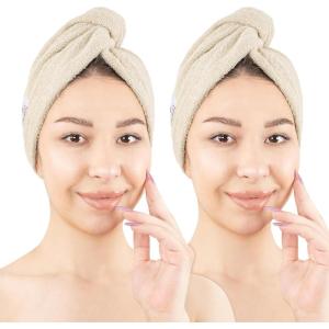 American Soft Linen 100% Cotton Head Towel Cap, Women’s Anti Frizz Hair Wrap, Absorbent Cotton Towels 2 Pack, Light Grey-Pink(Beige)