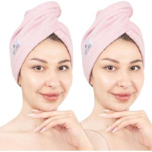 American Soft Linen 100% Cotton Head Towel Cap, Women’s Anti Frizz Hair Wrap, Absorbent Cotton Towels 2 Pack, Light Grey-Pink(Pink)