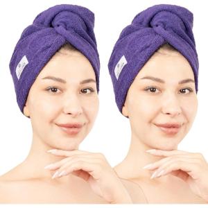 American Soft Linen 100% Cotton Head Towel Cap, Women’s Anti Frizz Hair Wrap, Absorbent Cotton Towels 2 Pack, Light Grey-Pink(Purple)