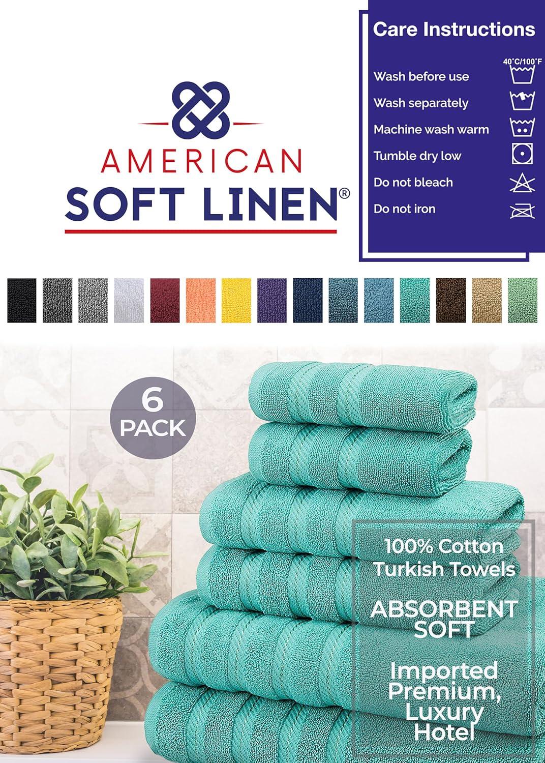 imageAmerican Soft Linen 100 Carde Cotton 6 Piece Towel Set 590 GSM Heavy Weight Soft Absorbent Turkish Towels for Bathroom Smoke GreyTurquoise
