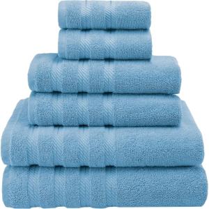 American Soft Linen 100% Carde Cotton 6 Piece Towel Set, 590 GSM Heavy Weight Soft Absorbent Turkish Towels for Bathroom, Smoke Grey(Baby Blue)