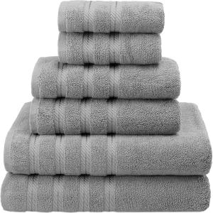 American Soft Linen 100% Carde Cotton 6 Piece Towel Set, 590 GSM Heavy Weight Soft Absorbent Turkish Towels for Bathroom, Smoke Grey(Light Grey)