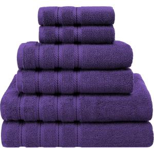 American Soft Linen 100% Carde Cotton 6 Piece Towel Set, 590 GSM Heavy Weight Soft Absorbent Turkish Towels for Bathroom, Smoke Grey(Rich Purple)