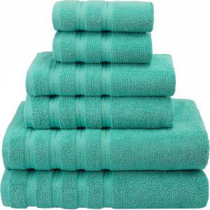 American Soft Linen 100% Carde Cotton 6 Piece Towel Set, 590 GSM Heavy Weight Soft Absorbent Turkish Towels for Bathroom, Smoke Grey(Turquoise)