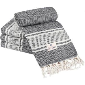 American Soft Linen 100% Cotton Turkish Peshtemal Beach Towels, 35″x60″ Size 4 Pack Swim Towels for Beach and Pool Towels, Sky Blue(Black Stripe)