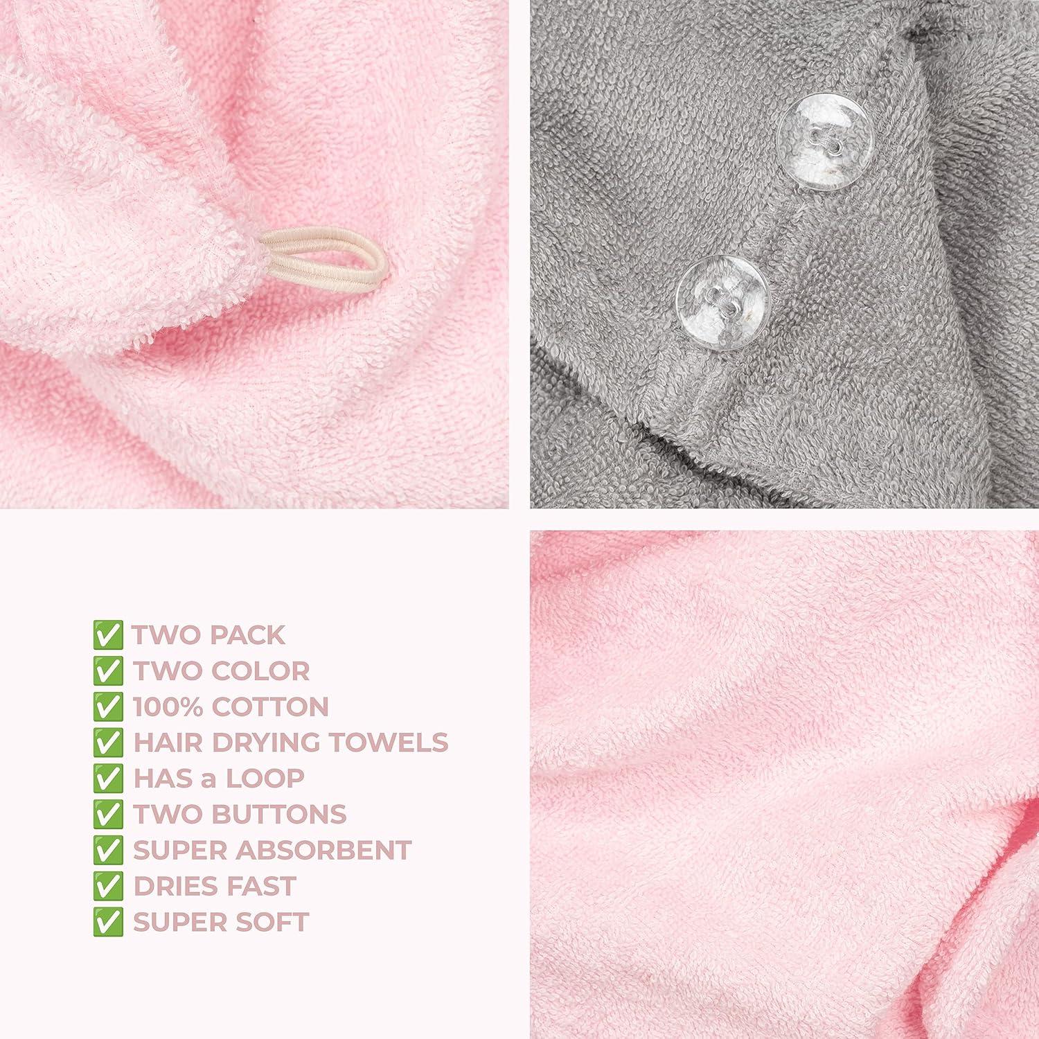 imageAmerican Soft Linen 100 Cotton Hair Towels for Women Head Towel Cap Cotton Hair Turban Towel Wrap for Long Curly Anti Frizz Hair Soft and Absorbent Cotton Hair Towels 2 Pack BeigePink Light Grey