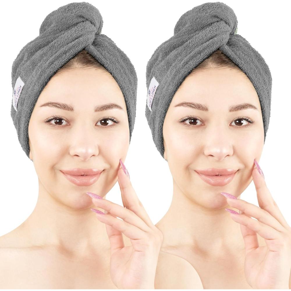 imageAmerican Soft Linen 100 Cotton Hair Towels for Women Head Towel Cap Cotton Hair Turban Towel Wrap for Long Curly Anti Frizz Hair Soft and Absorbent Cotton Hair Towels 2 Pack BeigeDark Gray