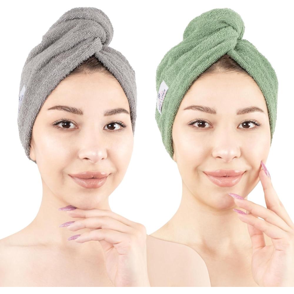 imageAmerican Soft Linen 100 Cotton Hair Towels for Women Head Towel Cap Cotton Hair Turban Towel Wrap for Long Curly Anti Frizz Hair Soft and Absorbent Cotton Hair Towels 2 Pack BeigeLight Grey  Sage