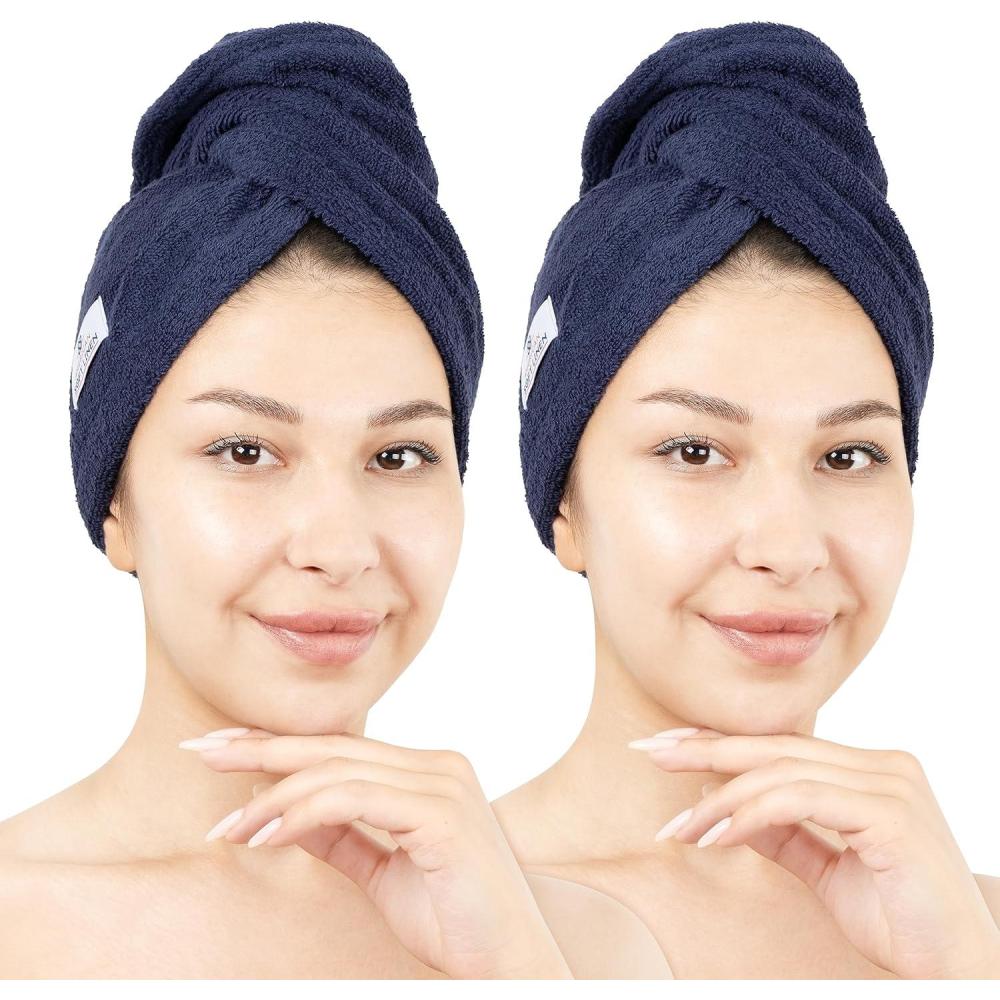 imageAmerican Soft Linen 100 Cotton Hair Towels for Women Head Towel Cap Cotton Hair Turban Towel Wrap for Long Curly Anti Frizz Hair Soft and Absorbent Cotton Hair Towels 2 Pack BeigeNavy Blue