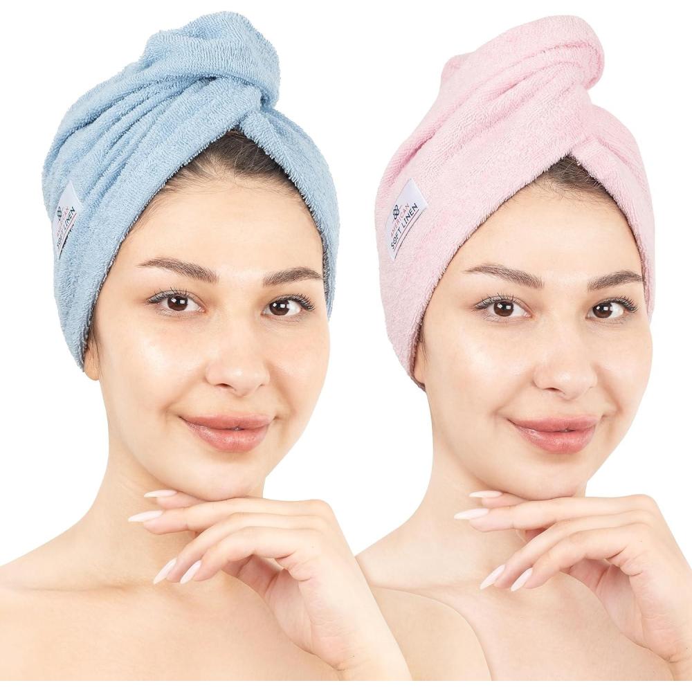 imageAmerican Soft Linen 100 Cotton Hair Towels for Women Head Towel Cap Cotton Hair Turban Towel Wrap for Long Curly Anti Frizz Hair Soft and Absorbent Cotton Hair Towels 2 Pack BeigePink  Sky Blue