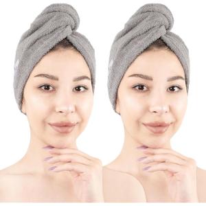American Soft Linen 100% Cotton Hair Towels for Women, Head Towel Cap, Cotton Hair Turban Towel Wrap for Long Curly Anti Frizz Hair, Soft and Absorbent Cotton Hair Towels 2 Pack, Beige(Light Grey)